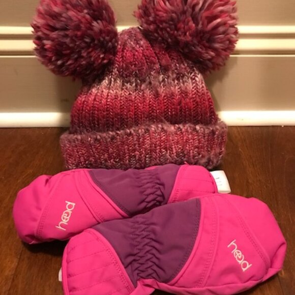 Girls S-M Pink Pom-Pom Ears Winter Hat & Snow Mittens Bundle - Picture 1 of 5